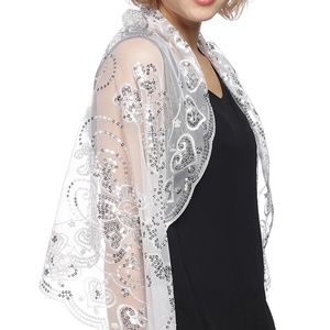 WHITE-Mesh Sequin Metallic Shawl Scarf with Fringe
